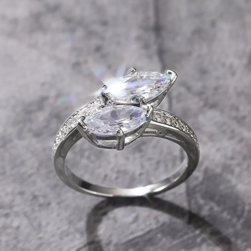 😍GORGEOUS 14K WHITE GOLD TWISTED DOUBLE MARQUIS TRENDY FASHION RING, K912